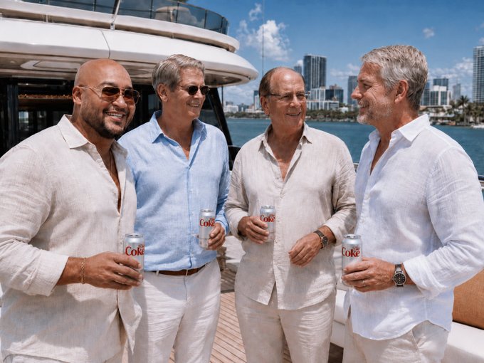 Four men in casual summer attire stand on a yacht, each holding a can of "Coke" with a city skyline visible across the water in the background. The post references this as a candid moment of discussion about Bitcoin and digital assets, playfully addressing skeptics who might suggest the image is AI-generated.