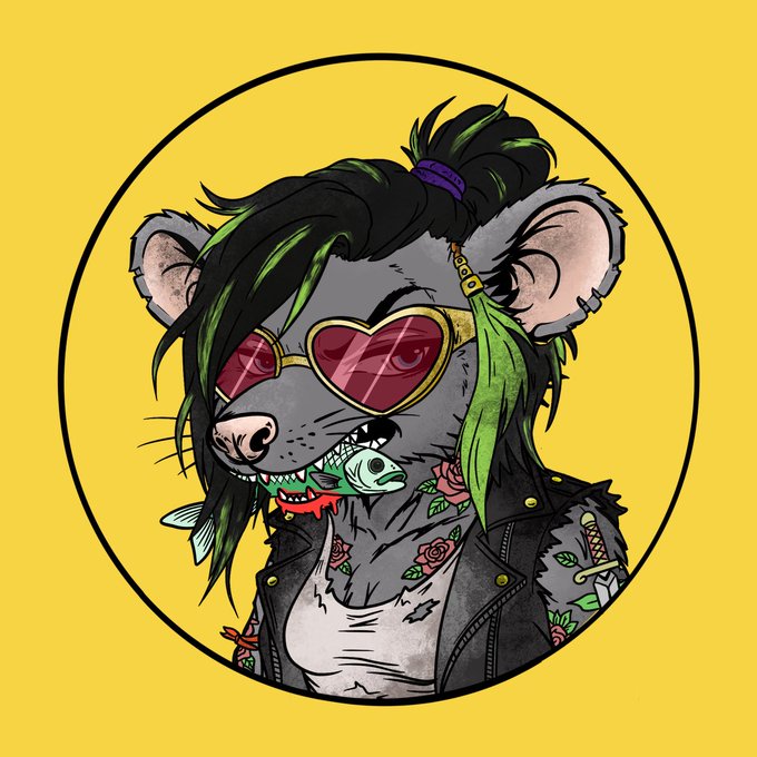 A cartoon illustration of a punk rock rat with green and black hair, heart-shaped sunglasses, tattoos, and a leather jacket on a yellow circular background.