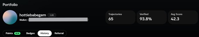 The image shows a portfolio page for user "hottiebabegerm" displaying their stats: 65 Trajectories, a Verified status of 93.8%, and an Avg Score of 42.3. This appears to be the user's submission responding to a prompt asking about their grind on Axis Robotics tasks, showcasing their progress with 65 total trajectories completed.