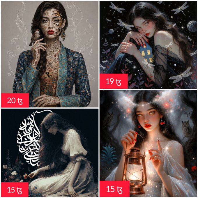 A collage of four AI-generated fantasy artworks featuring ethereal women, with price tags reading '20 ₺', '19 ₺', and '15 ₺' (Turkish Lira) overlaid on each image.