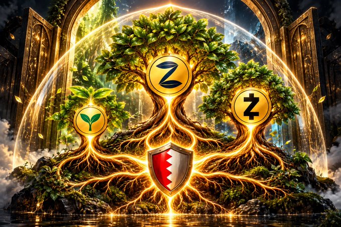 Image 4: A fantasy digital illustration of three glowing trees with interconnected roots, featuring golden coin emblems with the Zcash 'Z' logo, a green sprout symbol, and a red and white Bahraini shield emblem in the center.