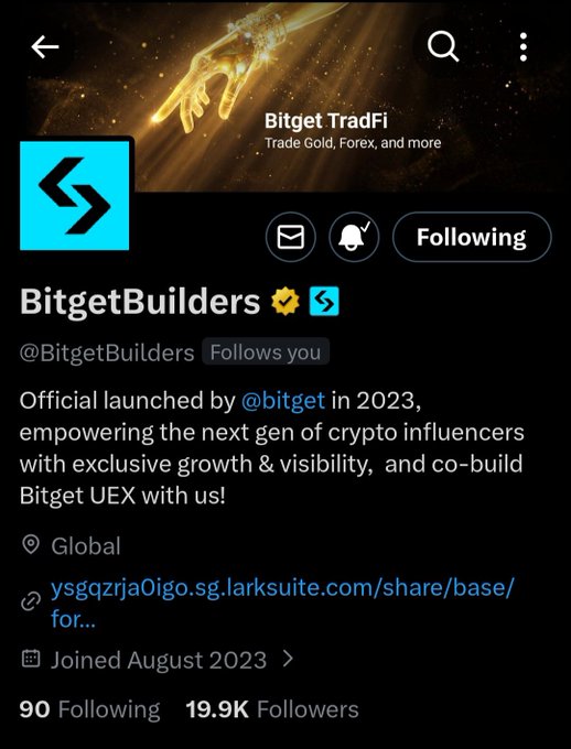 The image shows a social media post from a Twitter account named "@BitgetBuilders". The post features a photo of a hand with a golden ring, accompanied by text that reads "BiteGetBuilders" and "Global Sgzjia/LarkSuitE/share/base/joined August 2013. joined July 2013. 19,939 followers. Followers hit differently." This post is related to the BitgetBuilders account as it mentions a community member who has joined the account, and it also highlights the account's growth in followers over time. The image captures the attention of the viewers by showing an interesting photo with text that connects to the content shared on Twitter.