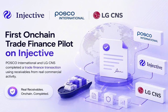 A promotional graphic announcing the 'First Onchain Trade Finance Pilot on Injective' featuring logos for Injective, POSCO International, and LG CNS, with text mentioning a completed trade finance transaction using receivables from real commercial activity.