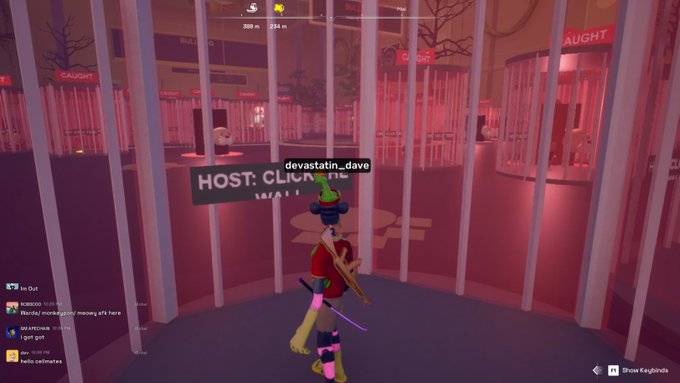 A player avatar named "devastatin_dave" with a score of 294 stands in a red-lit virtual environment featuring "HOST: CLAUS" and "CAUGHT" signage, fitting the context of playing a game of Bulldogs (tag).