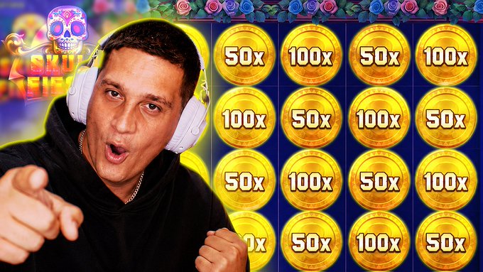 A man wearing headphones pointing at the camera, shown next to a slot machine-style grid of gold coins displaying '50x' and '100x' multipliers with a decorative skull logo.