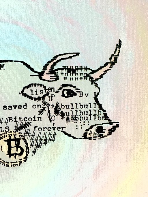 An ASCII art drawing of a bull's head on a screen, containing text fragments including 'listop', 'saved on bullbull', '#Bitcoin', and 'forever'.