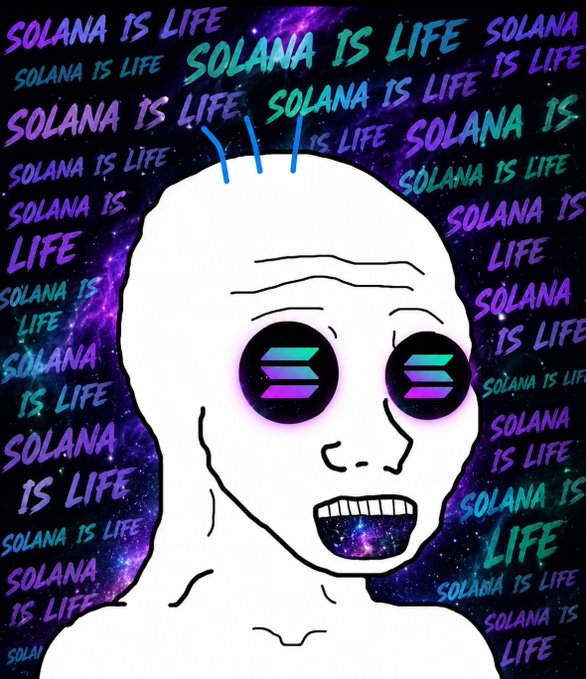 A cartoon figure with glowing Solana logo eyes and an open, excited mouth is surrounded by a cosmic galaxy background filled with repeating "SOLANA IS LIFE" text in vibrant purple and teal, visually reinforcing the post's message of unwavering enthusiasm and conviction in Solana's imminent breakout rally.