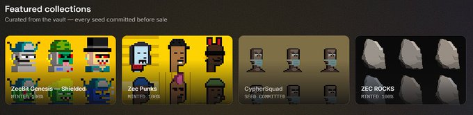 A Featured Collections section displaying four NFT collections including ZecBits Genesis, Zec Punks, CypherSquad, and ZEC ROCKS, all marked as minted 1000s with seeds committed before sale.