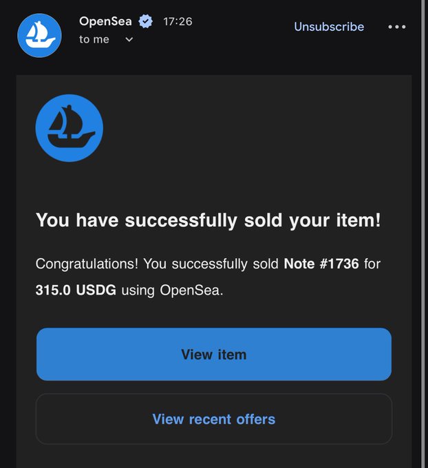 An email notification from OpenSea confirms the successful sale of Note #1736 for 315.0 USDG, with "View item" and "View recent offers" buttons visible. The image relates to the post by demonstrating the tangible results of the bull posting the author mentions—showing an actual NFT sale notification, likely from a project the author supports or works with, validating their point about engaging with initiatives rather than dismissing them based on promotional enthusiasm.