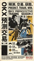 A promotional poster for OKX Predective Trading Season 2 featuring Chinese text '预测.交易.获胜. PREDICT. TRADE. WIN.' and images of basketball players including Stephen Curry.