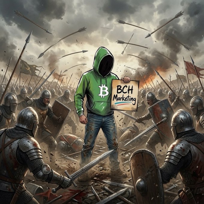 A digital artwork showing a hooded figure in a green Bitcoin-themed hoodie holding a 'BCH Marketing' sign, standing on a battlefield surrounded by armored knights.