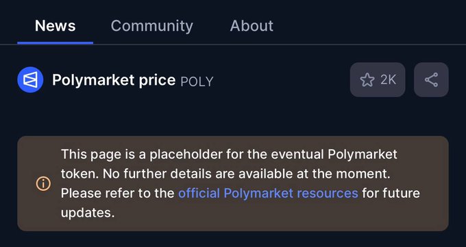 A webpage showing a placeholder page for the "Polymarket price POLY" token, which states "This page is a placeholder for the eventual Polymarket token. No further details are available at the moment." This visual supports the speculation about "$POLY coming" by showing that a POLY token page now exists on a price-tracking site, even though it's just a placeholder with no current details.