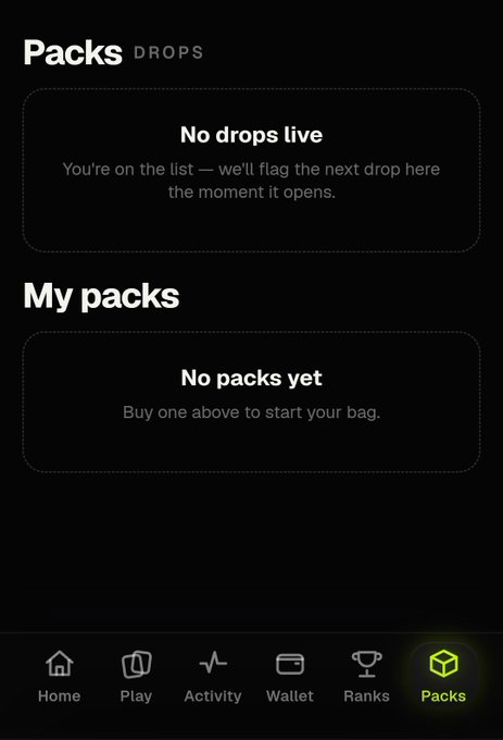 A mobile app screenshot showing a 'Packs' page with 'No drops live' and 'No packs yet' messages, with navigation tabs at the bottom for Home, Play, Activity, Wallet, Ranks, and Packs.