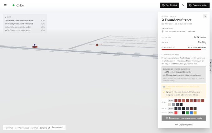 A screenshot of a web-based digital real estate platform shows a 'Cribs' map with a property listed at '2 Founders Street' in 'Downtown' with a valuation of '24.1K coins'.
