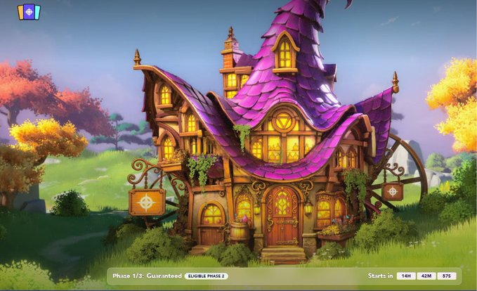 A fantasy-style digital illustration shows a whimsical building with a purple shingled roof and wooden details in a grassy landscape, with the text "Phase 1/3 - Guaranteed ELIGIBLE PHASE 2" and "Starts in 14H 42M 57S" displayed at the bottom.
