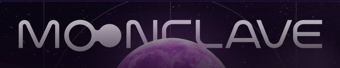 A logo reading 'MOONCLAVE' in stylized silver text set against a dark space background with a purple planet visible below.