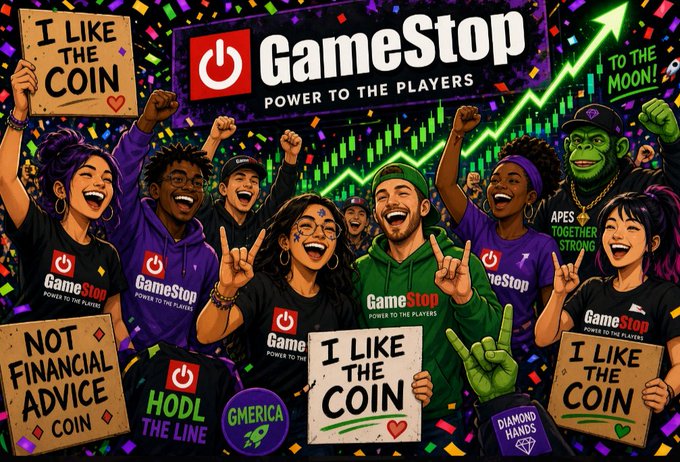 Colorful illustration of a diverse, cheering crowd wearing GameStop merchandise, holding signs reading 'I LIKE THE COIN', 'NOT FINANCIAL ADVICE COIN', and 'HODL THE LINE', with a rising green stock chart and 'TO THE MOON' text.
