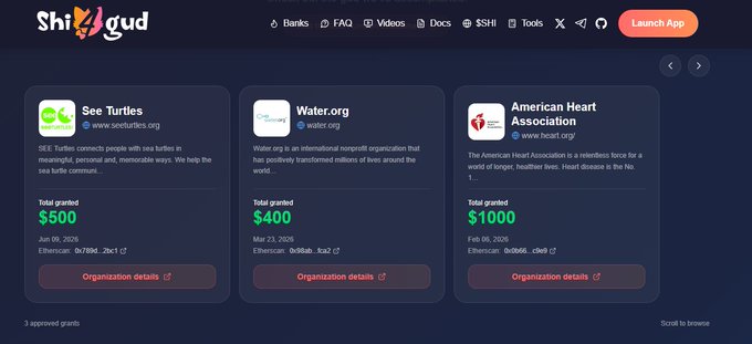 The image shows a webpage that displays information about grants made by the organization, Shi4gud. The website has a dark blue background with white text, making it easy for users to read and understand the details of the grants. The post on the website mentions that the organization has recently received new grants, which is indicated by the updated status bar at the top of the page.