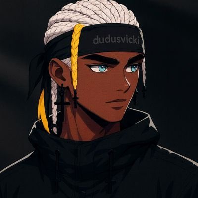 The image features an anime character with blonde hair, wearing a black hoodie and a bandana that says "dudusvicki" on it. The character has blue eyes and is looking off into the distance. In the background of the image, there are two words written in white text that read "Gm & Happy Sunday Wishing you a wonderful week ahead!".