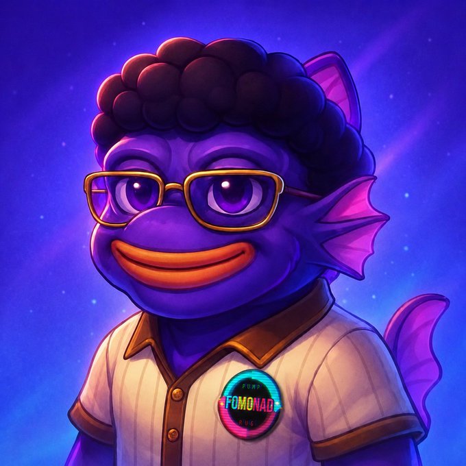 The image features a cartoon fish wearing glasses and a shirt with the word "fomonad" written on it, along with a button that says "@fomonad_wtf". The fish appears to be smiling and has a name tag on its back.