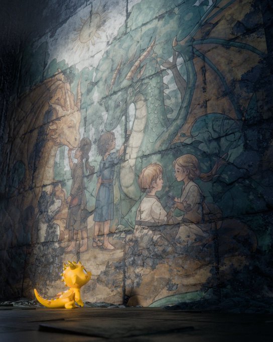 A small yellow figurine sits on a wooden surface gazing up at a large stone wall painted with a mural of children interacting with dragons.
