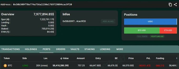 "Yo, bros, to the big shots, we're all just small fry. Someone just opened a $50,410,000 BTC long position with 20x leverage. Liquidation price: $58,469".