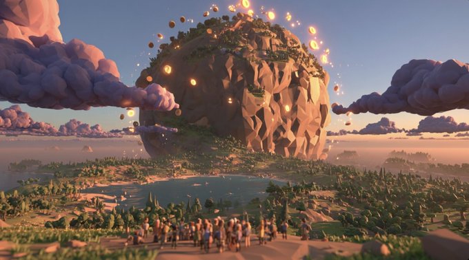 A stylized 3D rendered landscape featuring a massive floating island or rock formation above a lake and grassy terrain, surrounded by people looking up at it under a sunset sky.