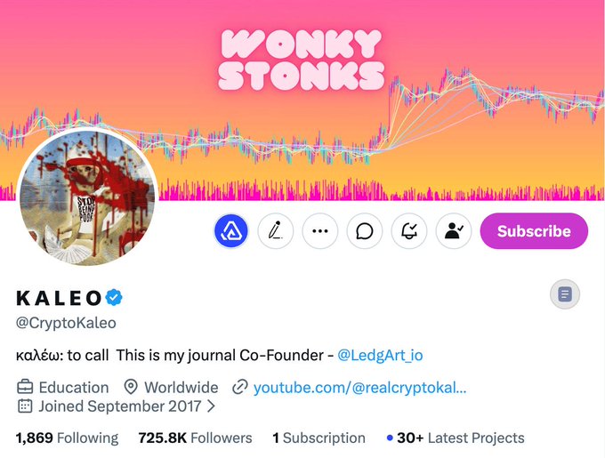 Twitter profile of KALEO (@CryptoKaleo), a co-founder of @LedgArt_io, with 725.8K followers, featuring a 'Wonky Stonks' header and pixel-art profile picture.
