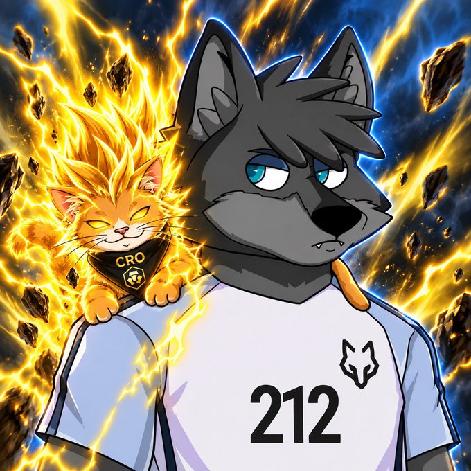 Anime-style illustration of an anthropomorphic gray wolf wearing a white jersey with '212' printed on it, accompanied by a small orange cat surrounded by yellow flames and floating rocks.