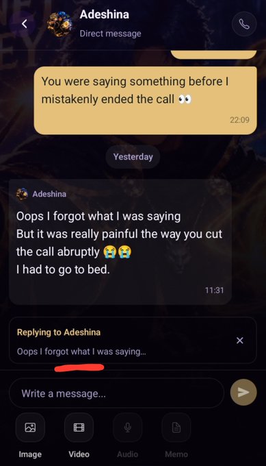 A screenshot of a chat conversation with 'Adeshina' discussing a mistakenly ended call, showing messages about needing to go to bed.