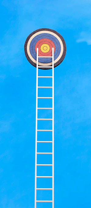 An illustration of a tall ladder leading up to a colorful archery target against a blue sky.