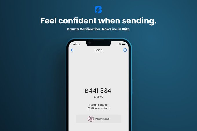 The image shows a cell phone with a message displayed on its screen, which reads "You're at a @ZapriteApp merchant. About to send Bitcoin you can'T get back. You see @BrantaOps verification. You feel confident when sending." The phone is placed against a blue background and the text is written in white.
