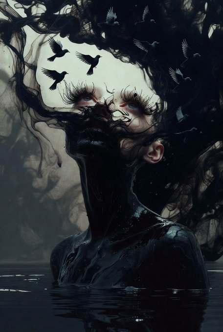 A dark, surreal digital artwork of a figure emerging from water, with birds flying from their head and dramatic, spider-like eyelashes obscuring the eyes.