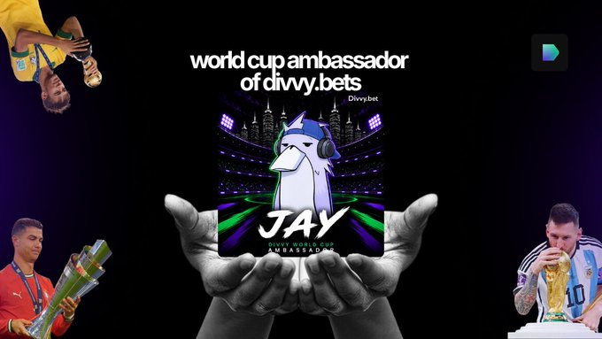 The image features a poster for a game show called "Divvy Bet" with a cartoon character holding hands with a person's hand, symbolizing unity or friendship. The poster also includes text that reads "World Cup Ambassador of Divvy Bets", indicating that the game is sponsored by the World Cup and involves divvy bets. There are four people in the image: one person wearing a yellow shirt, another person wearing an orange shirt, and two people holding hands with a cartoon character on it. The background of the poster has purple and black colors.