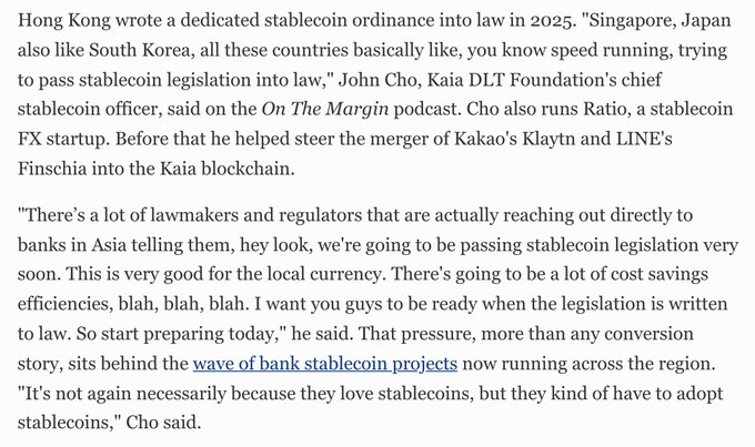 Article excerpt discussing Hong Kong's 2025 stablecoin ordinance and quotes from John Cho of Kaia DLT Foundation explaining how Asian lawmakers are pressuring banks to adopt stablecoin legislation.