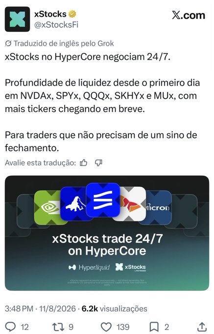A tweet from @xStocksFi translated by Grok announcing that xStocks trades 24/7 on HyperCore with deep liquidity for NVDAx, SPYx, QQQx, SKHYx, and MUx.