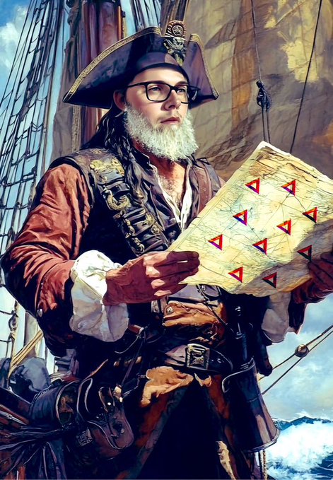 An artistic portrait of a bearded pirate wearing glasses and a tricorn hat, holding a treasure map marked with red triangular indicators while standing on the deck of a ship.