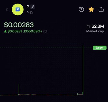 The image shows a cryptocurrency price chart for the token $PONS (displayed as "P" with a yellow icon), currently priced at $0.00283 with a massive 7-day gain of 13,550.69% and a $2.8M market cap, illustrating the kind of explosive price action being referenced in the post about adding a $PONS pair to the "OG" token for a buyback narrative.