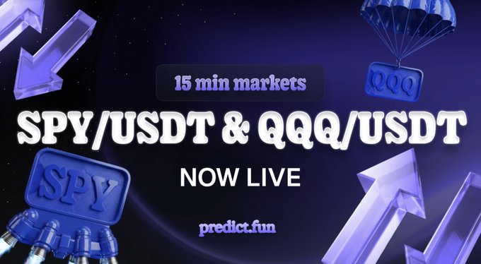 A promotional graphic for 'predict.fun' announcing new '15 min markets' for 'SPY/USDT & QQQ/USDT' now live, featuring blue 3D arrows, a parachute with 'QQQ', and a robotic hand holding 'SPY'.