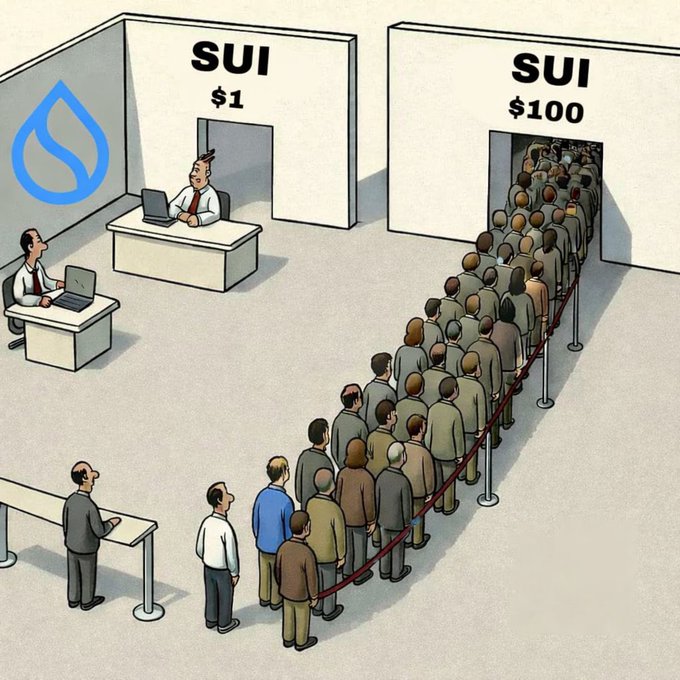 A cartoon illustration satirizing the SUI cryptocurrency, showing a long queue of people waiting at a booth labeled 'SUI $100' while the booth marked 'SUI $1' sits empty.