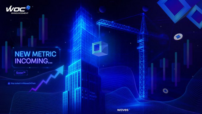 A digital promotional graphic with a blue neon cityscape and construction crane, branded 'WOC ANNOUNCEMENT' with the text 'NEW METRIC INCOMING... Soon™' and 'Stay locked in #WavesOnChain' displayed.