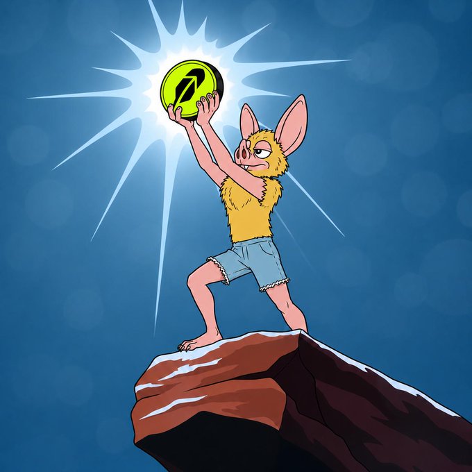 An anthropomorphic bat-like creature wearing denim shorts triumphantly hoists a glowing green frisbee marked with the Phantom/Set logo above its head atop a rocky peak, evoking a triumphant "gm" (good morning) crypto rallying cry to fellow "hoodrats" with the illuminated token serving as a beacon of bullish energy.
