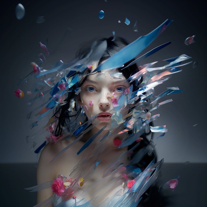 A digital artwork of a young woman with blue eyes whose face and hair appear to be shattering into colorful glass-like shards and pink flower petals.