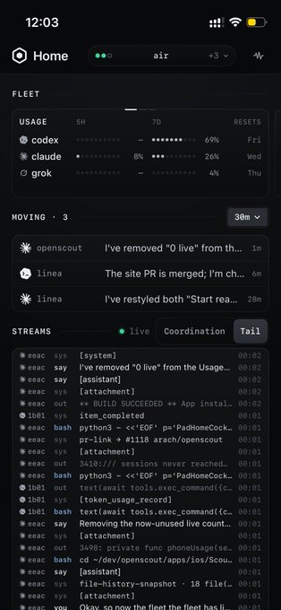A dashboard interface labeled 'Home' showing fleet usage stats for codex, claude, and grok, along with a live terminal stream of system commands and bash operations.