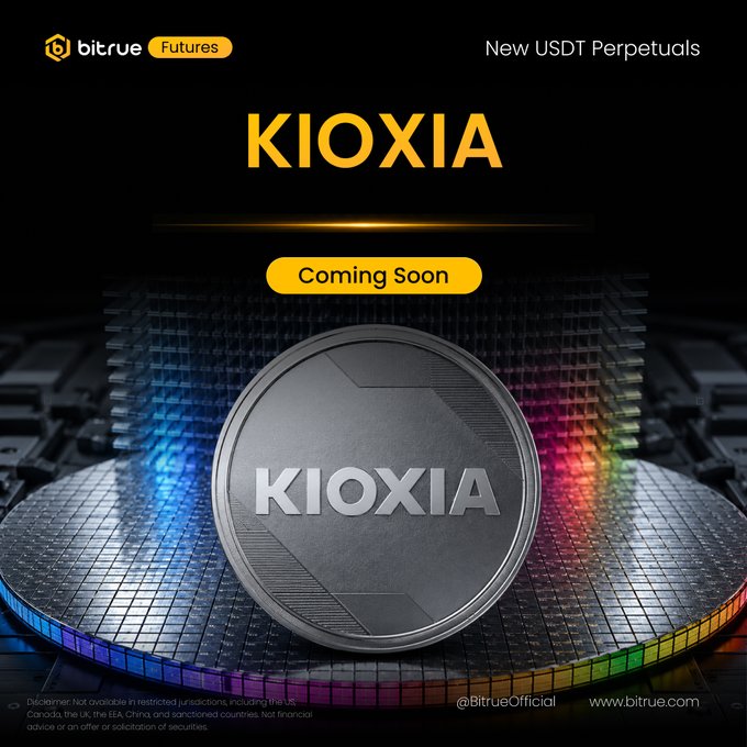 Bitrue Futures announces the upcoming launch of KIOXIA USDT Perpetual contracts, with trading starting August 21 at 12:00 UTC. The promotional image features a metallic KIOXIA-branded coin resting on a silicon wafer, symbolizing the company's role as a leading Japanese NAND flash memory chipmaker powering consumer devices and AI data centers, with up to 10× leverage available.