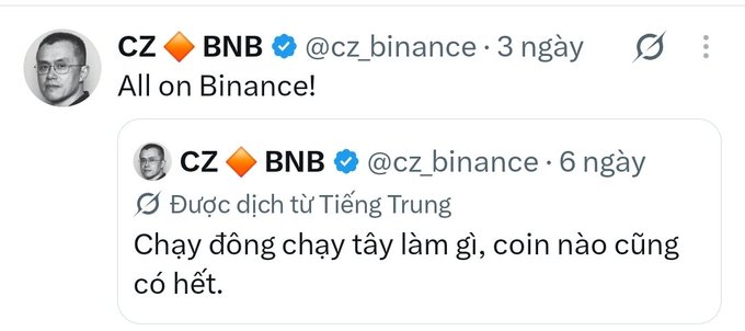The image shows a tweet from CZ BNB (@cz_binance) saying "All on Binance!", quoting an earlier 6-day-old tweet originally in Chinese that translates to "After all, buying and selling is all the same, any coin will eventually run out."

The caption highlights CZ's strategic approach of gradually onboarding TradFi users to crypto, rather than pushing them directly to BTC—starting with familiar assets like stocks and tokenized stocks on Binance before progressing toward DeFi and the broader crypto ecosystem.