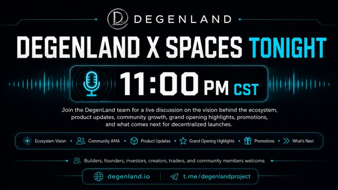 Promotional graphic for a DegenLand X Spaces event TONIGHT at 11:00 PM CST, featuring a microphone icon, topic tags (Ecosystem Vision, Community AMA, Product Updates, Grand Opening Highlights, Promotions, What's Next), and links to degenland.io and t.me/degenlandproject.