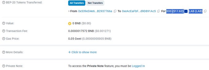 A blockchain transaction record showing a BEP-20 token transfer of 833 LAB ($17.62) with a transaction fee of approximately 0.001271 BNB.