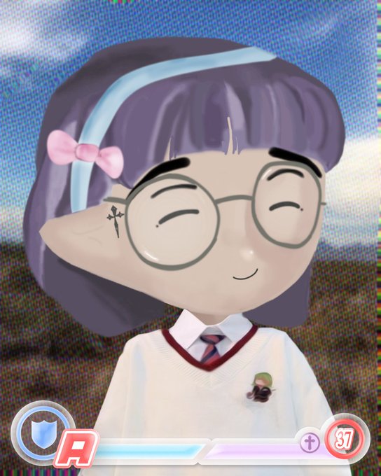 A 3D anime-style character with purple hair, round glasses, and a pink bow smiles with closed eyes, wearing a white sweater with an 'A' icon, health bars, and the number '37' visible in a game interface.