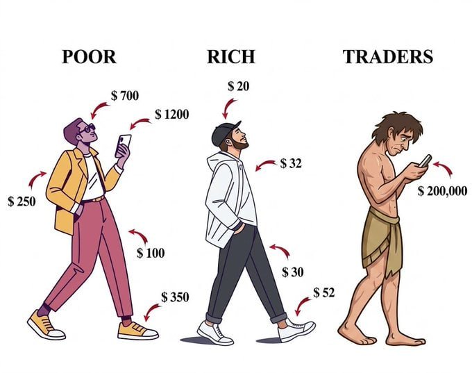 An illustration comparing financial statuses labeled 'POOR', 'RICH', and 'TRADERS', showing figures with various amounts of money ($100 to $200,000) flowing around them, with the 'TRADERS' character depicted as a caveman-like figure looking at a phone showing $200,000.